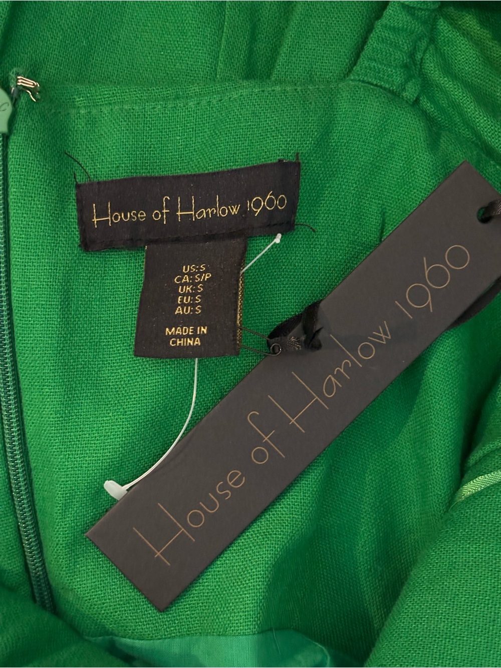 NWT House of Harlow 1960 Green Linen Blend Puff Sleeve Ring Detail Dress S - Picture 10 of 10